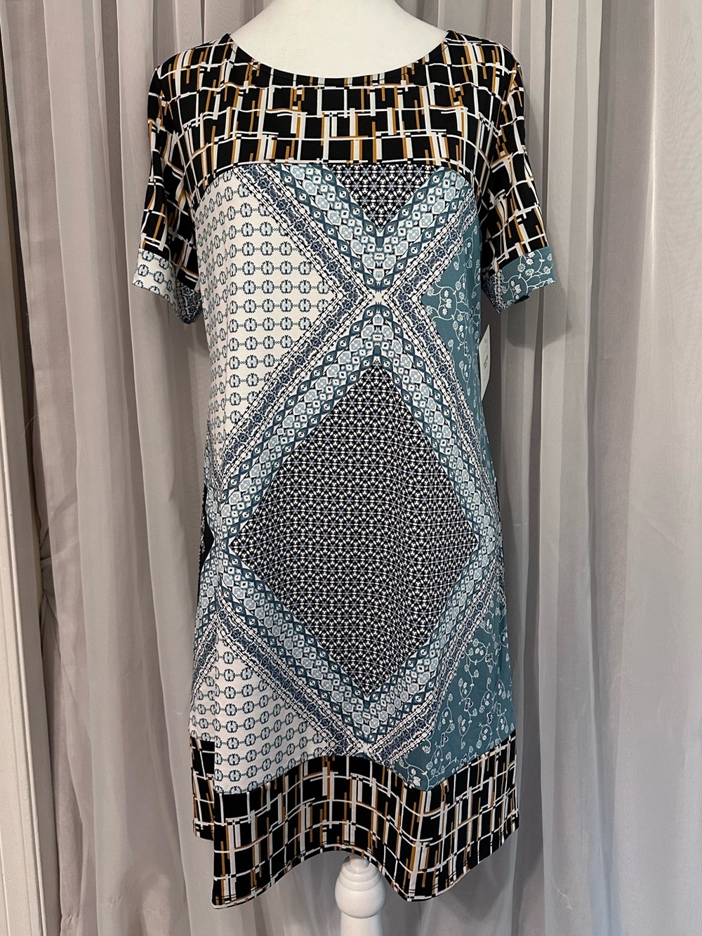 Perseption Concept Short Sleeve Shift Dress in Teal Blue Black Brown Size S